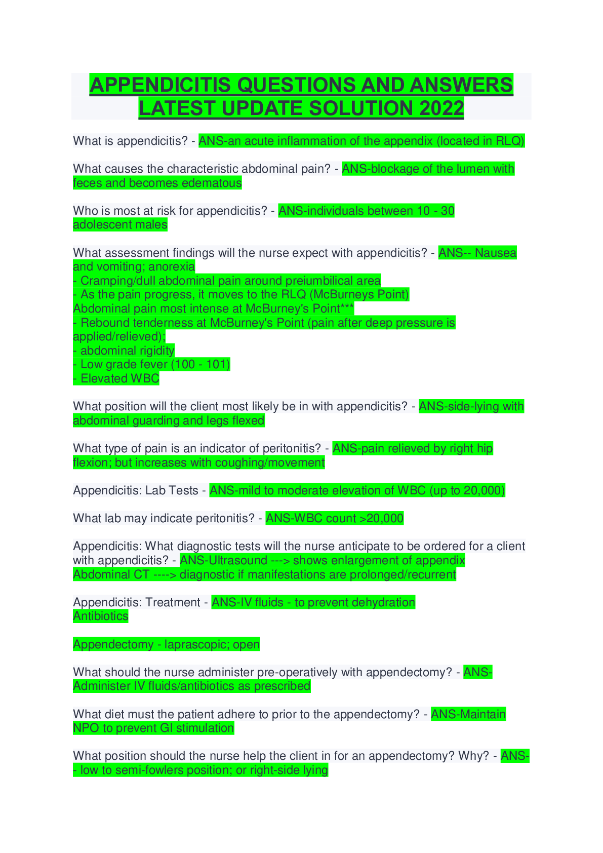 Preview image of APPENDICITIS QUESTIONS AND ANSWERS  LATEST UPDATE SOLUTION 2022 document